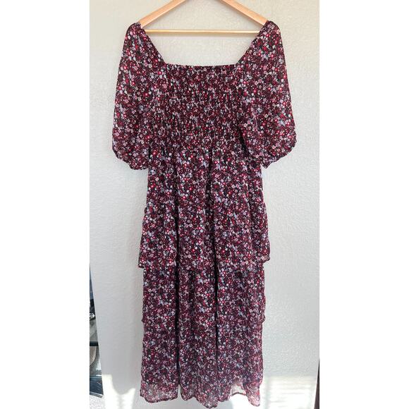 Kings Road Women's Red Floral Tiered Midi Dress XL Smocked Square Neck Boho - Picture 2 of 7